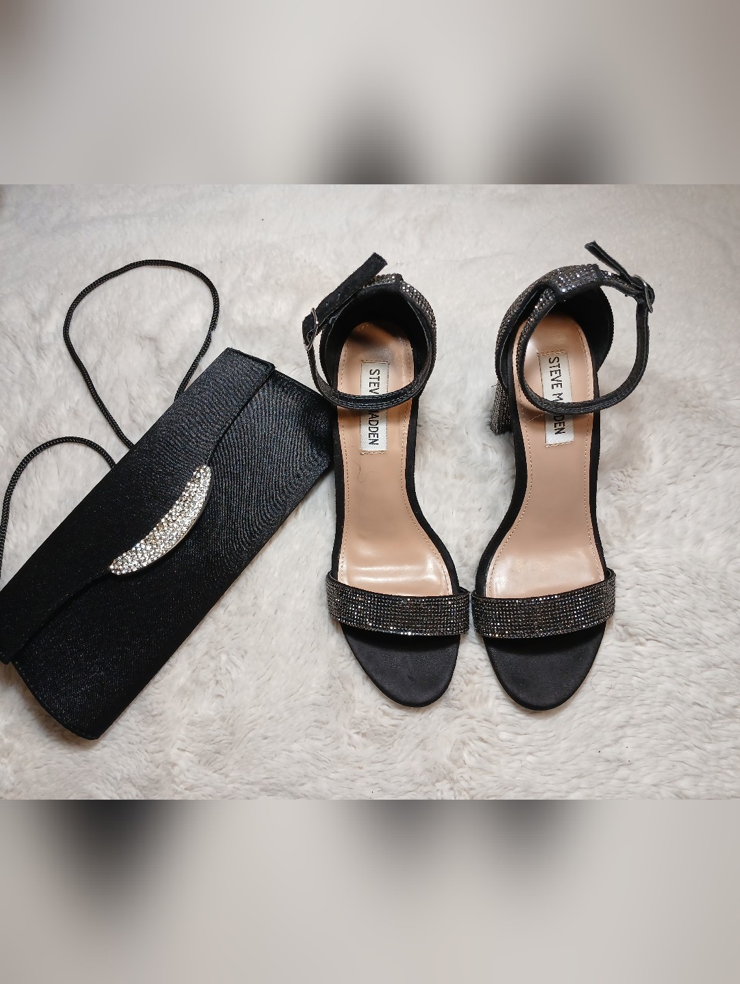 Bundlesteve Madden Black Rhinestone Ankle Strap Heels +Black Clutch